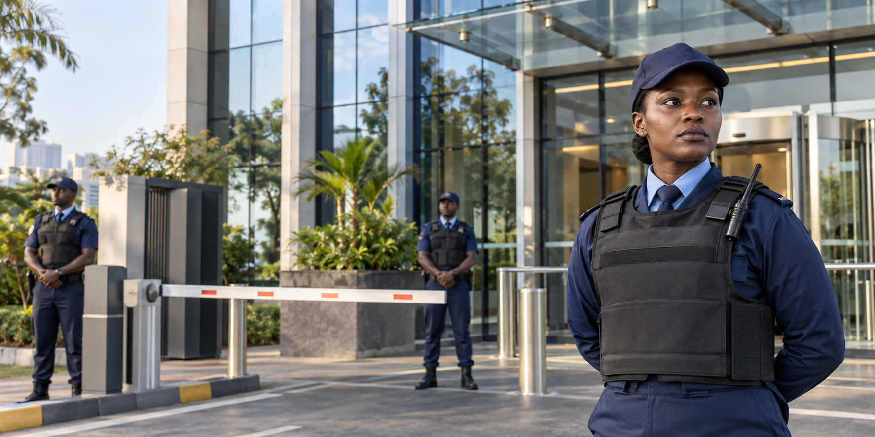 Professional security officers at a modern access control point